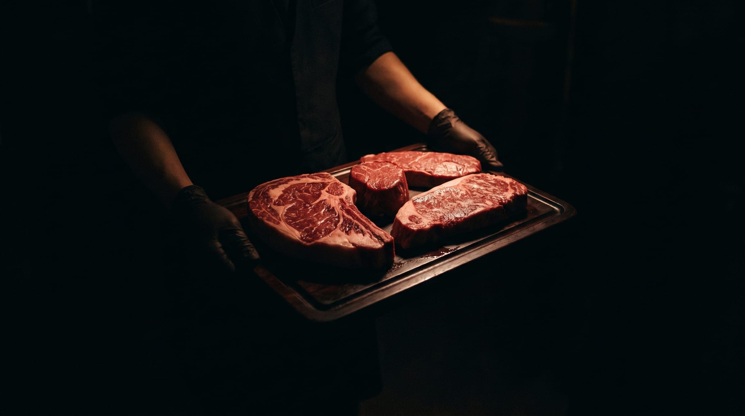 Gloved hands holding a tray of four raw steaks in the dark