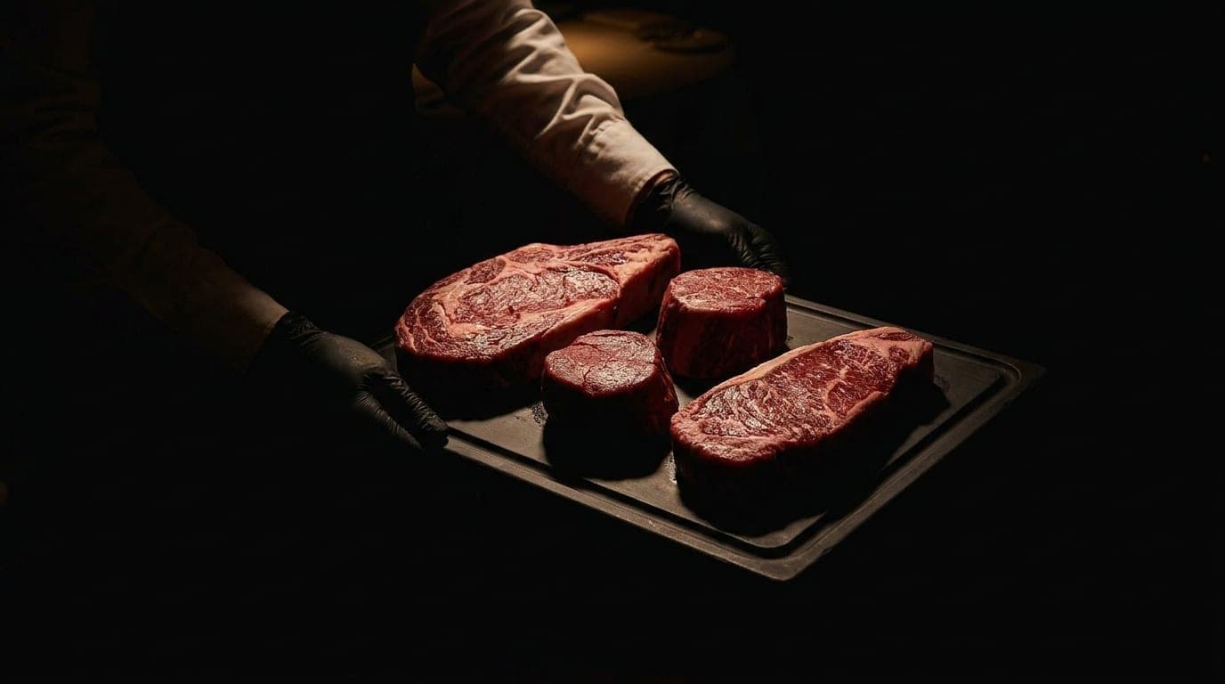 Handen in zwarte handschoenen houden een dienblad met vier rauwe steaks in het donker